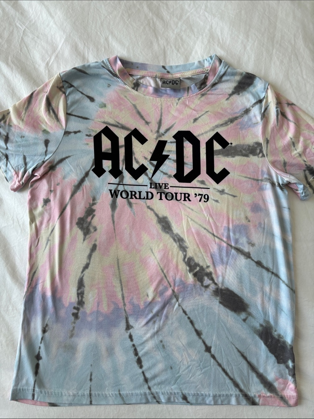 AC/DC Tie-Dye Graphic Tee - Pastel Pink, Blue & Gray